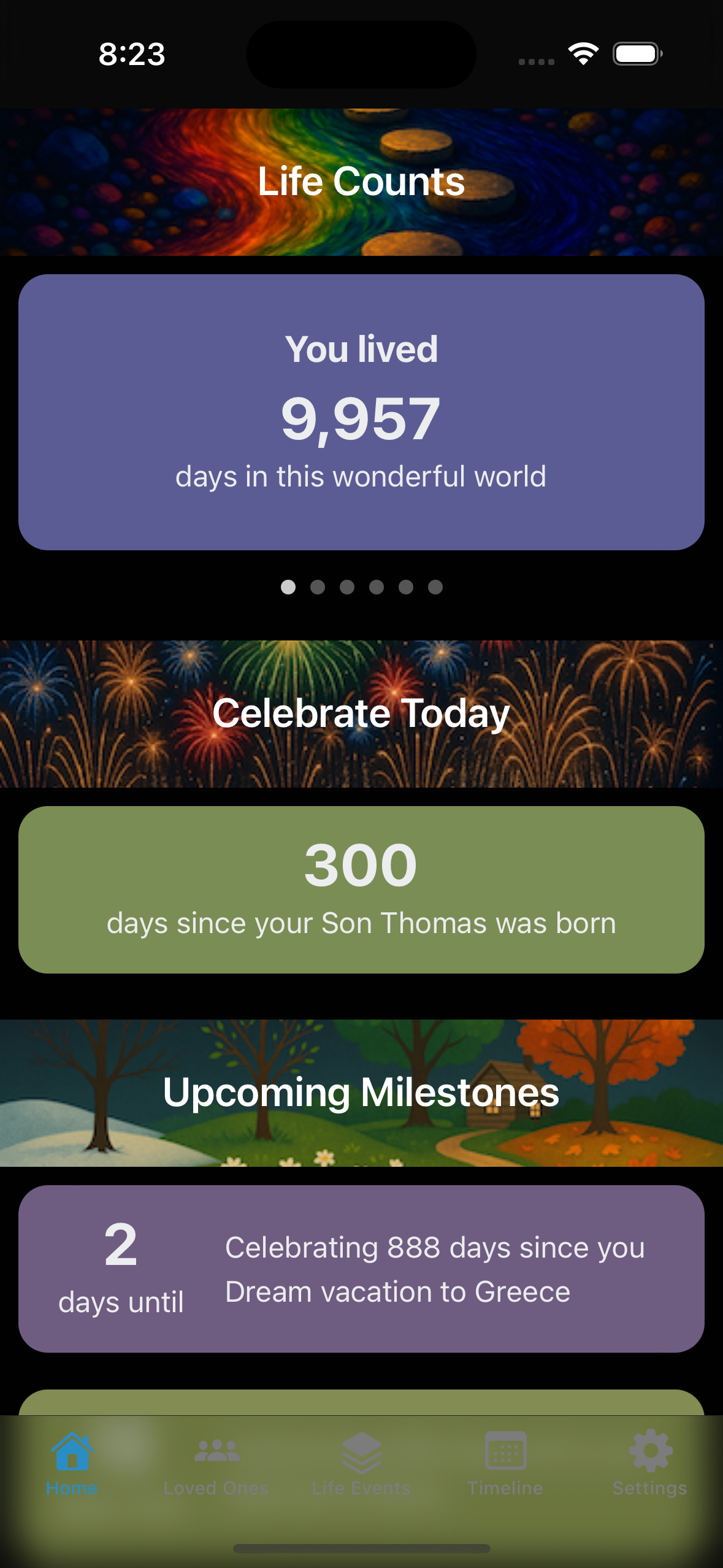 Main dashboard showing days lived